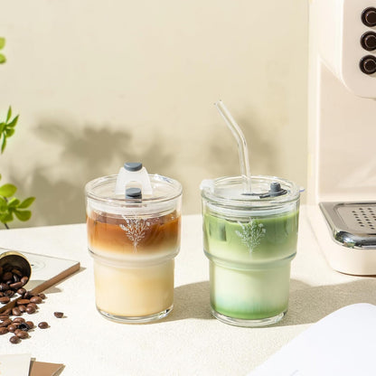 Olvini 13oz Glass Tumbler with Straw and Lid, Reusable Iced Coffee Cup Tumbler, Cute Glass Cups for Water, Matcha, Travel Coffee Mugs (Daisy)