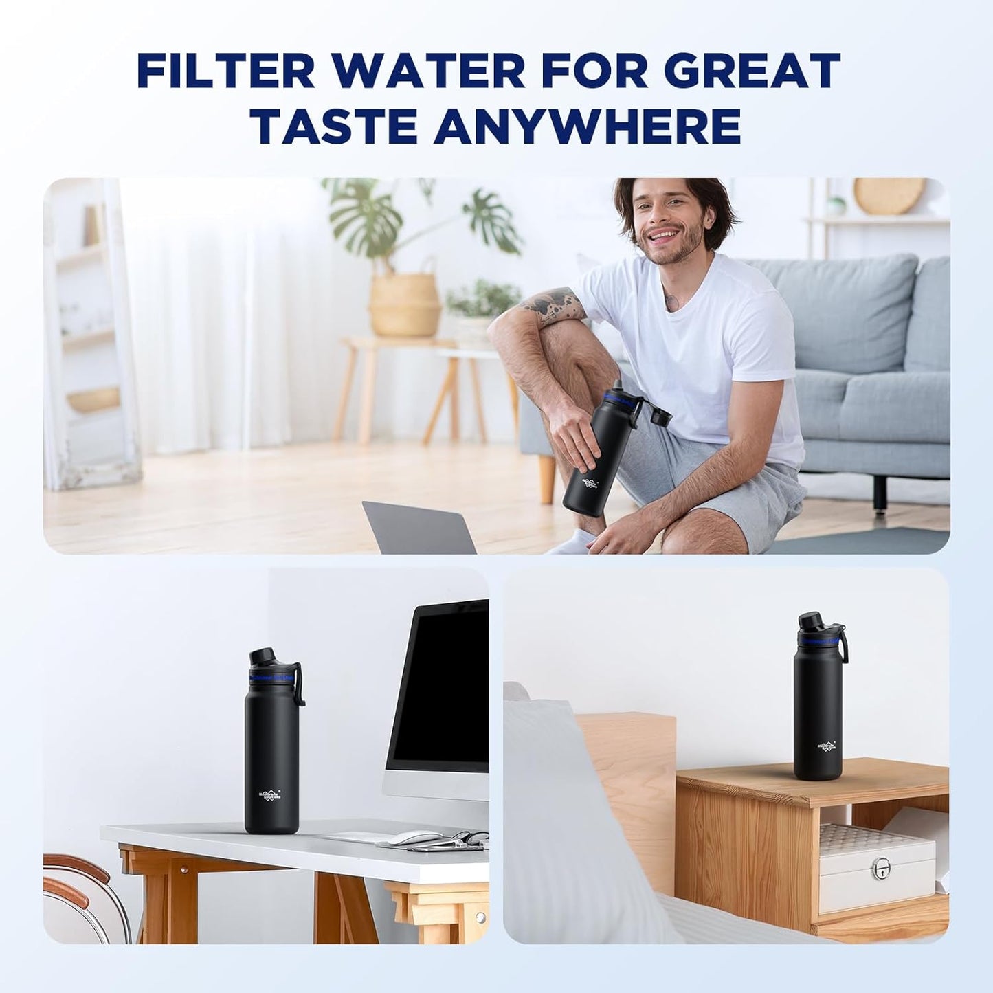Membrane Solutions C3 Filtered Water Bottle, 32oz Stainless Steel Water Bottle with Replaceable UF+ACF Filter Cartridge, Portable Water Filter, Travel, Hiking & Camping for Drinking Water