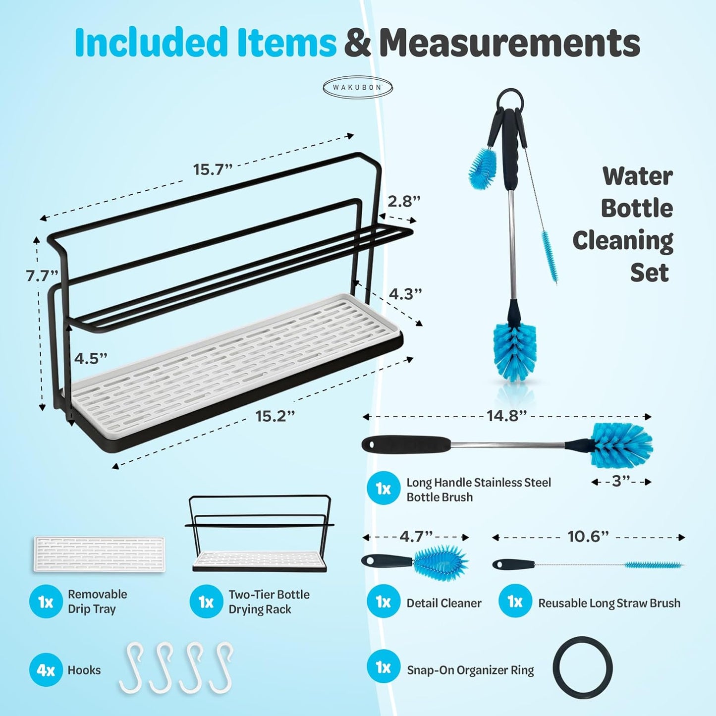 Water Bottle Drying Rack for Kitchen Counter – Cup Drying Rack, Tumbler, Mug & Glass Drying Rack Drying Rack, 2 Tier with Drain Tray and Cleaning Brush Set (Black)
