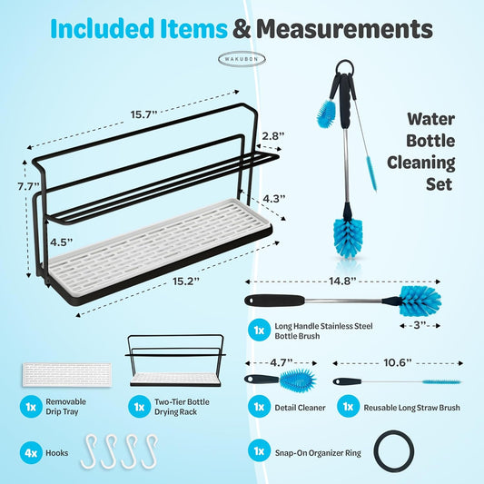Water Bottle Drying Rack for Kitchen Counter – Cup Drying Rack, Tumbler, Mug & Glass Drying Rack Drying Rack, 2 Tier with Drain Tray and Cleaning Brush Set (Black)