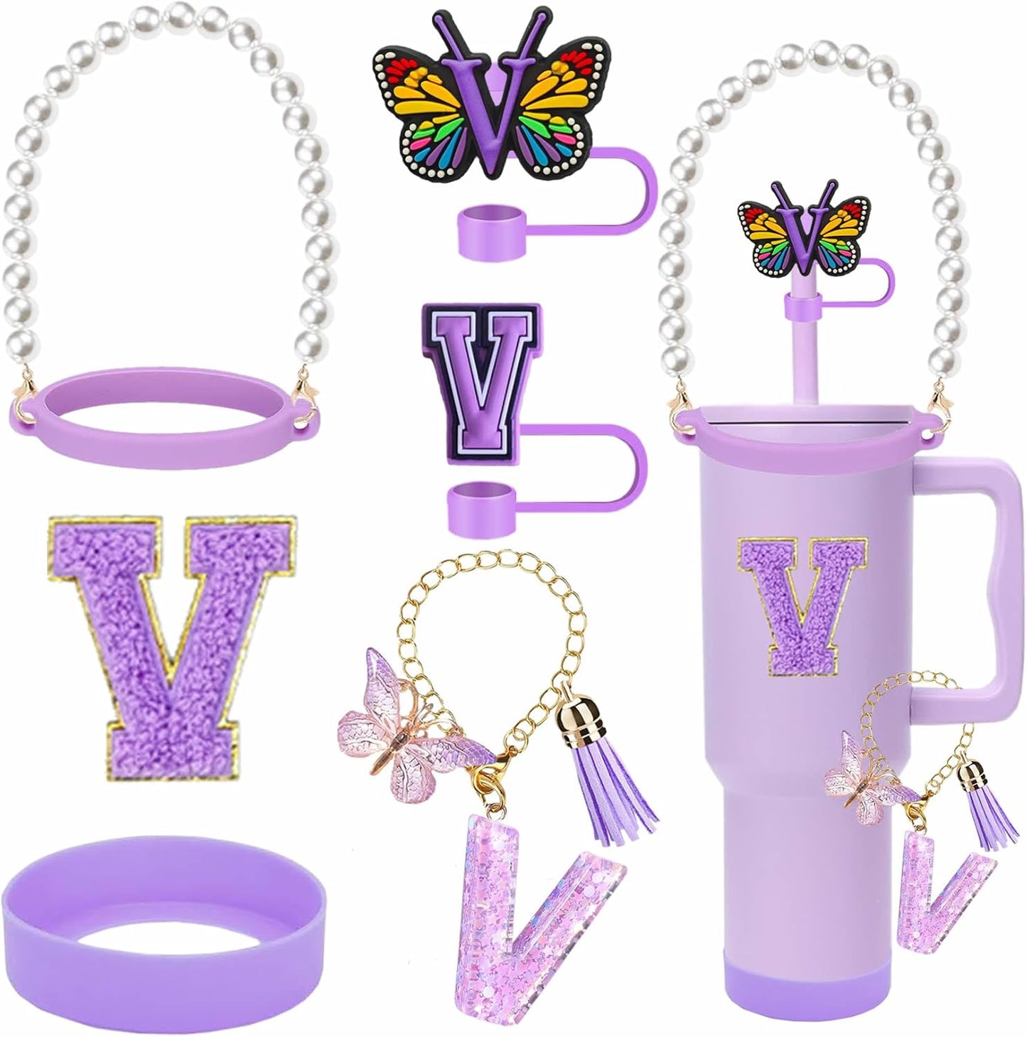 7pcs Cup Accessories for Stanley 30/40oz Tumbler, Handle Strap, Straw Cover, Silicone Boot, Letter Charm Stickers