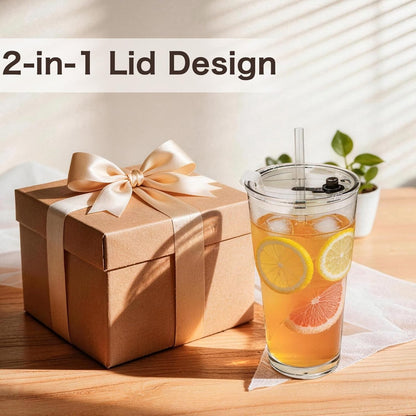 Clear Iced Coffee Cups with Lids - 4 Pack, 20oz Reusable Glass Cups with Lids and Straws, Drinking Tumblers for Cocktail Beer, Juice, Smoothie, Coffee Bar, Housewarming Gifts - Dishwasher Safe