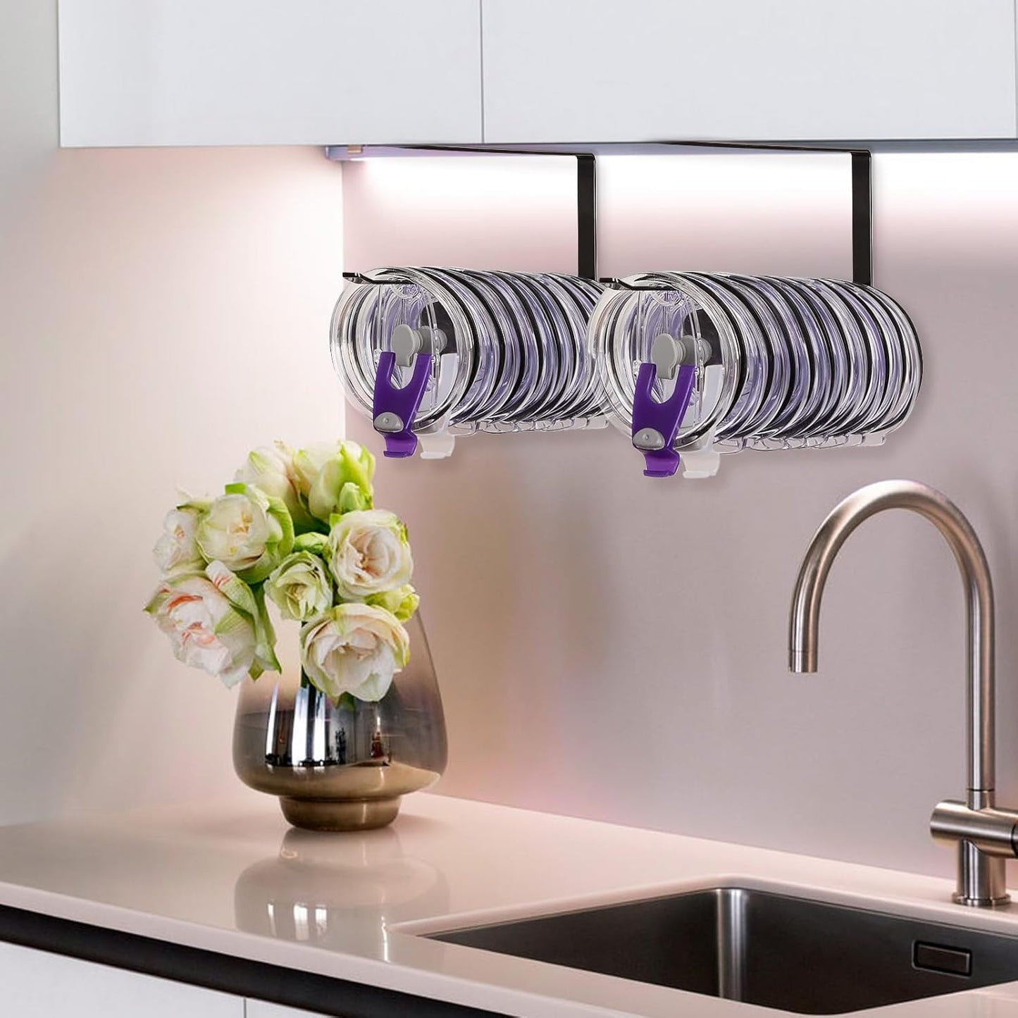 Tumbler Lid Organizer, Horizontal Tumbler Lid Storage Hook Up to 10 Lids, Space Saving Cup Lid Holders Under Cabinet Tumbler Lid Hook for Kitchen Organizer and Storage,Hanging Paper Towel Rack Hanger