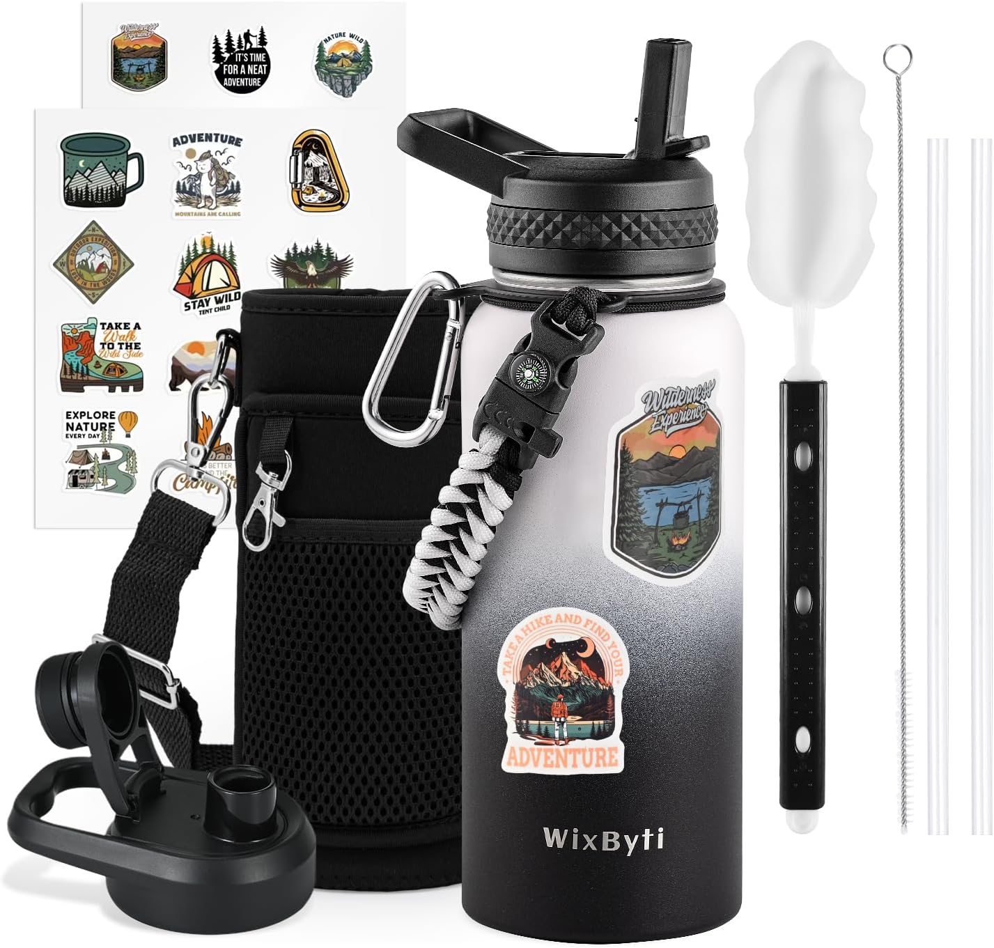 WixByti 40 oz Insulated Water Bottle with Straw (Cold for 36 Hrs), Stainless Steel Triple Wall Vacuum Sports Water Jug, Leakproof Hydro Cup Flask with Paracord Handle & Straw Spout Lids & DIY Stickers