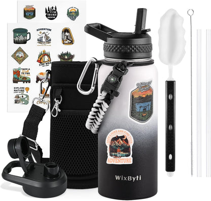 WixByti 40 oz Insulated Water Bottle with Straw (Cold for 36 Hrs), Stainless Steel Triple Wall Vacuum Sports Water Jug, Leakproof Hydro Cup Flask with Paracord Handle & Straw Spout Lids & DIY Stickers