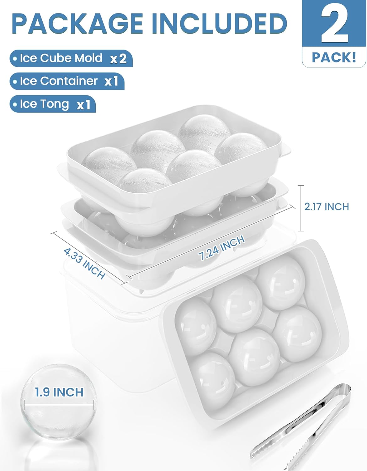 Large Ice Cube Tray for Freezer - 2 Pack Stackable Round Ice Cube Molds Set, Easy to Fill & Release with Storage Bin and Tongs for Kitchen, Party, Cocktail & Coffee, Gifts for Whiskey Lover (1.93In)