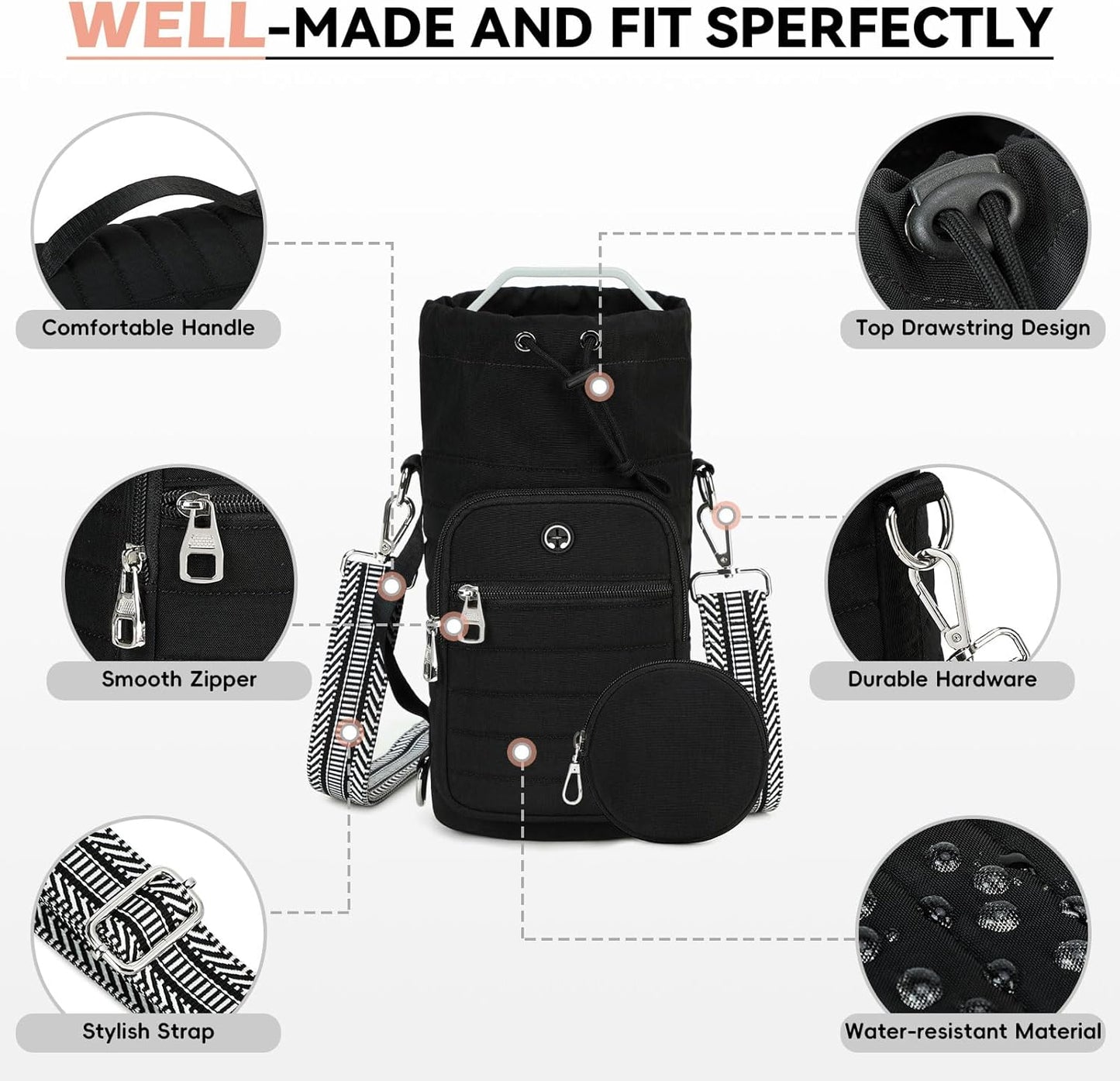 Water Bottle Carrier Bag with Strap, Sling Bag for Walking, Hiking, Cycling, Black, 40 Ounces
