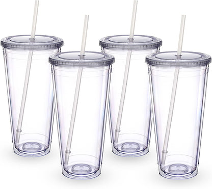 Zukro Clear Acrylic Tumbler with Straw and Lid 32 oz, Double Walled Insulated Reusable Plastic Iced Coffee Cup, To Go Cup Perfect for Parties, Birthdays, Fit in Cupholder, BPA Free, Clear, 2 Pack