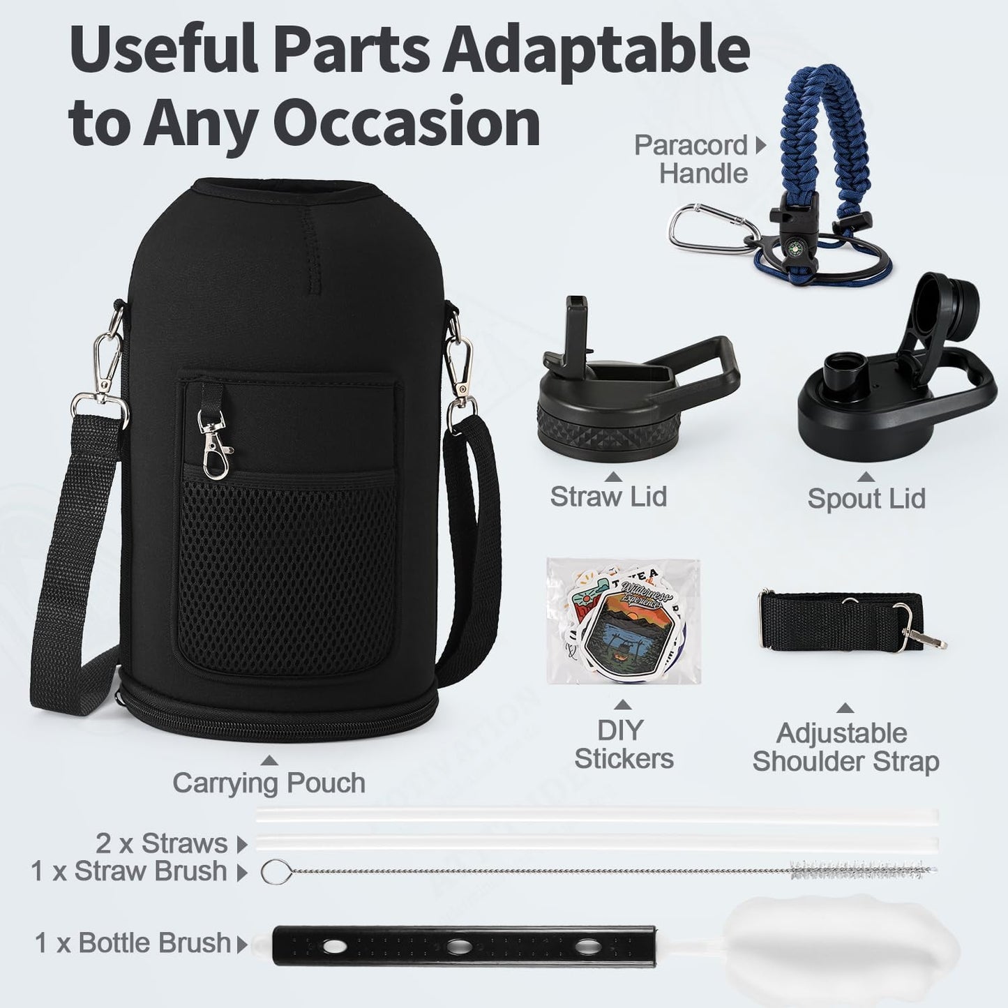 WixByti 40 oz Insulated Water Bottle with Straw (Cold for 36 Hrs), Stainless Steel Triple Wall Vacuum Sports Water Jug, Leakproof Hydro Cup Flask with Paracord Handle & Straw Spout Lids & DIY Stickers