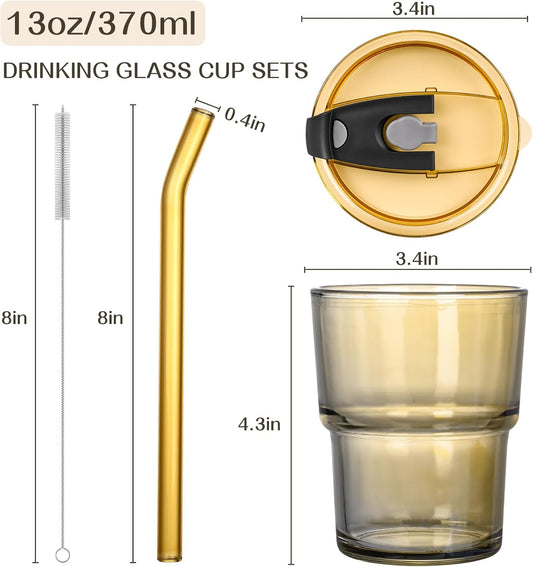 13oz Iced Coffee Cups,2Pcs Glass Cups with Lids and Straws Drinking Glasses,Clear Ribbed Glassware,Reusable Tumbler Glass to Go Cup for Matcha, Iced Tea,Juice