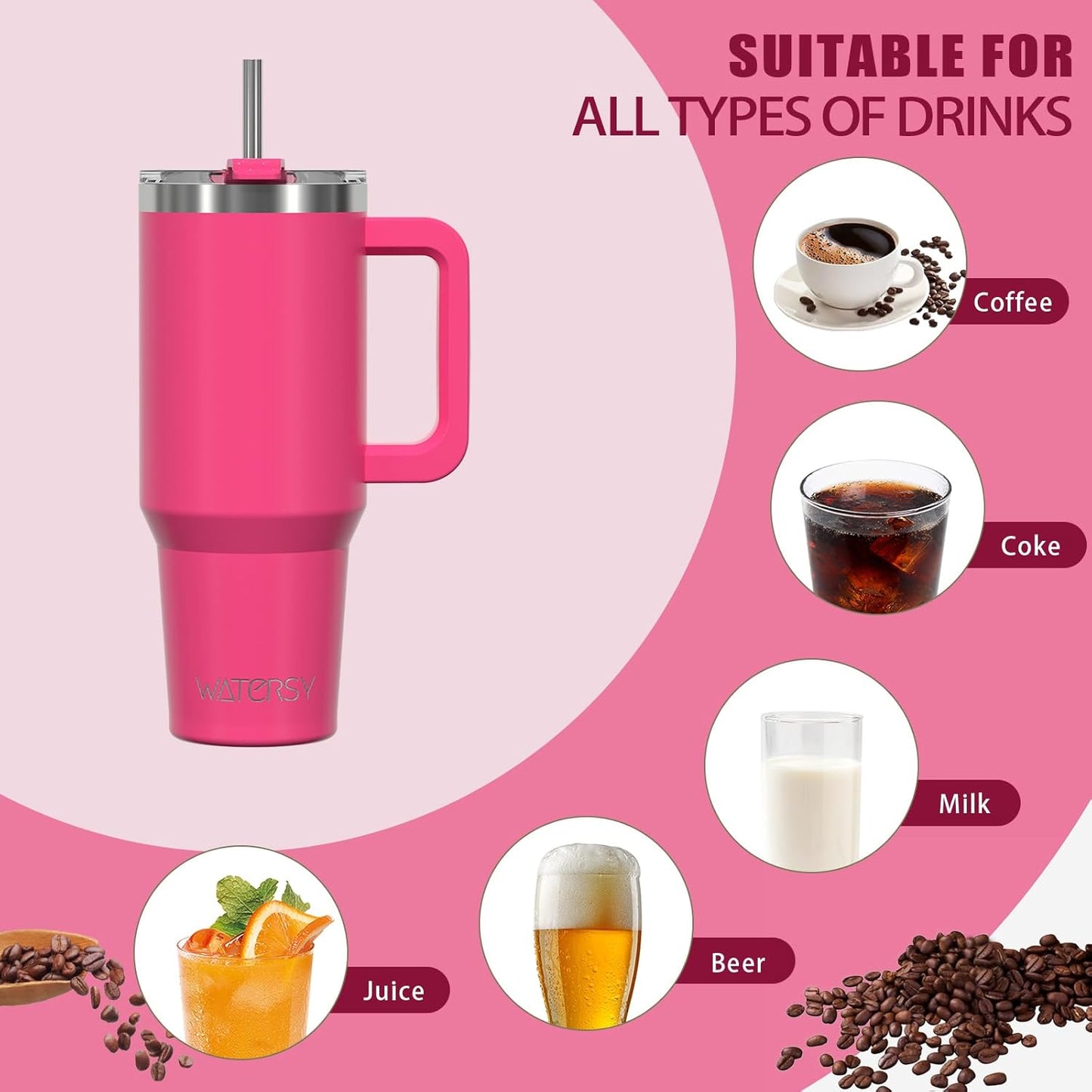 40 oz Tumbler with Handle,Tumbler with Lid and Straw,Double Wall Insulated Cup Stainless Steel Travel Mug(Cold for 34 Hours),Water Bottle for Iced Tea,Coffee,Cold Beverages(Purple)