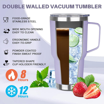 40 oz Tumbler with Handle, Insulated Tumbler with Lid and Straw, Reusable Stainless Steel Vacuum Insulated Cup, 100% Leak Proof Thermal Travel Coffee Mug Cup for Cold and Hot (Light Purple)