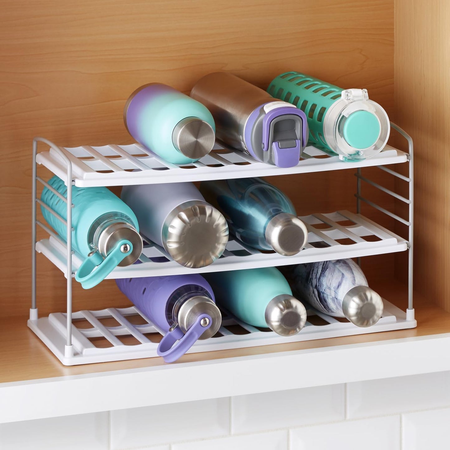 YouCopia UpSpace Water Bottle and Travel Mug Cabinet Organizer, Adjustable Storage Rack for Kitchen Organization, 3-Shelf