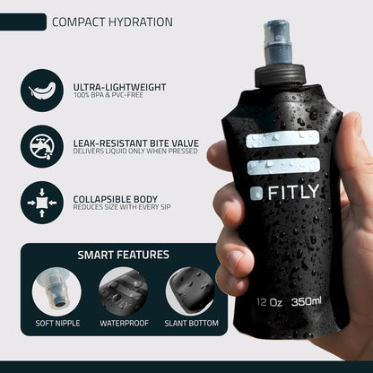 FITLY Soft Flask - Shrink As You Drink Soft Water Bottle for Hydration Pack - Folding Water Bottle Ideal for Running, Hiking, Cycling, Climbing & Rigorous Activity