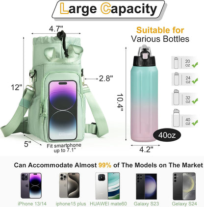 Water Bottle Holder with Strap, 4 Big Pockets with Compartment, 24oz/32oz/40oz Crossbody Water Bottle Carrier Bag