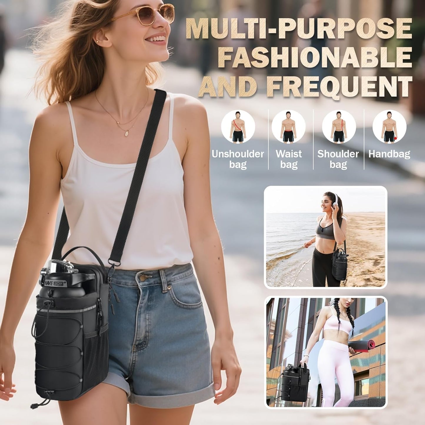 Magnetic Gym Bag 25-64oz Water Bottle Holder with 4 Strong Magnets, Crossbody Sling Water Bottle Carrier with Phone Pocket for Men Women, Gym Accessories for Workout Fitness Hiking Travel Camping
