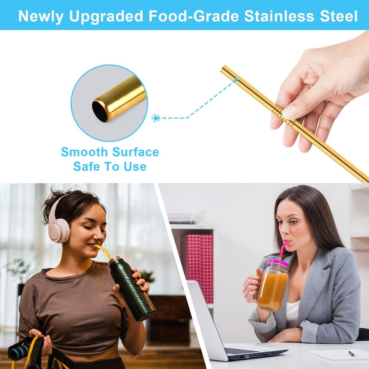 Reusable Stainless Steel Straws Set 6 PCS with 6 Silicone Tips, 2 Straw Brush, 1 Storage Case, Different Sizes of Metal Straws Reusable, Suitable for 14, 20, 30 oz Cups Tumbler, for Hot/Cold Drinks