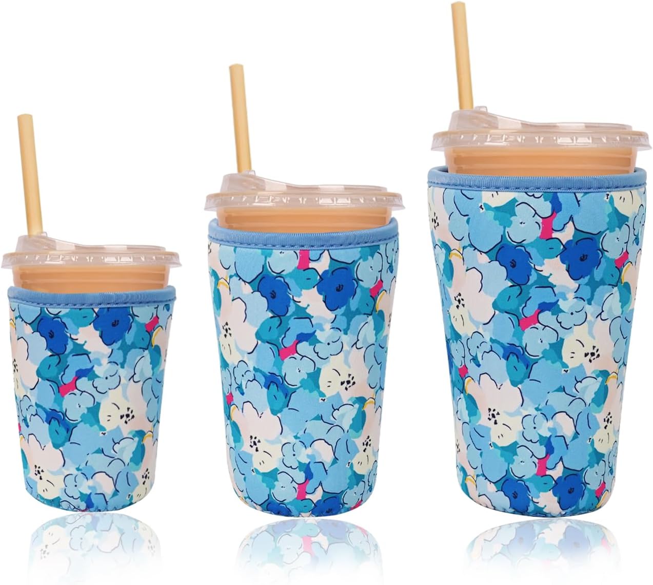 Reusable Insulated Neoprene Iced Coffee Cup Sleeve, Durable Drink Sleeve for Cold Beverages, Beverage Holder for Iced Coffee, Floral Checkers