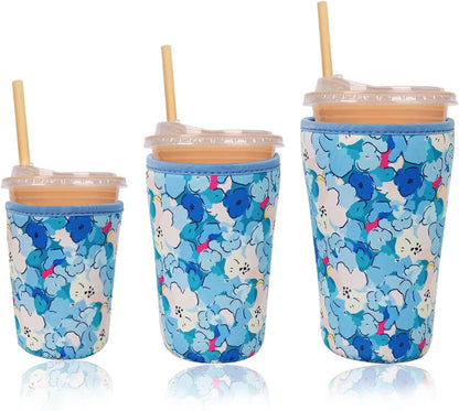 Reusable Insulated Neoprene Iced Coffee Cup Sleeve, Durable Drink Sleeve for Cold Beverages, Beverage Holder for Iced Coffee, Floral Checkers