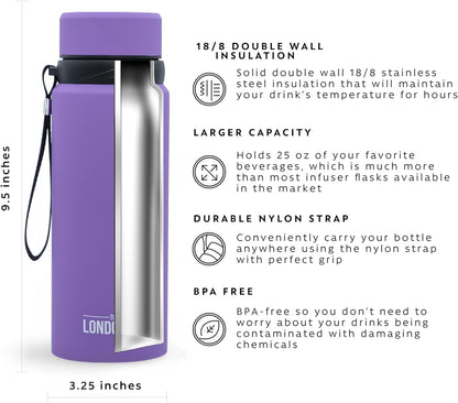 London Sip 25 oz Multi-Function Travel Mug and Tumbler Tea Infuser Water Bottle Fruit Infuser Flask Hot and Cold Double Wall Stainless Steel Coffee Thermos, Cosmic Silver