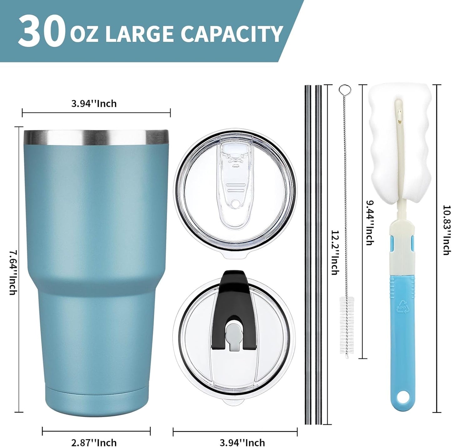 20 oz Tumbler with Lids and Straws, Stainless Steel Insulated Coffee Tumbler, Double Wall Vacuum Insulated Travel Mug Cup, Leakproof Thermal Coffee Cup for Hot and Cold Drinks (azure blue)