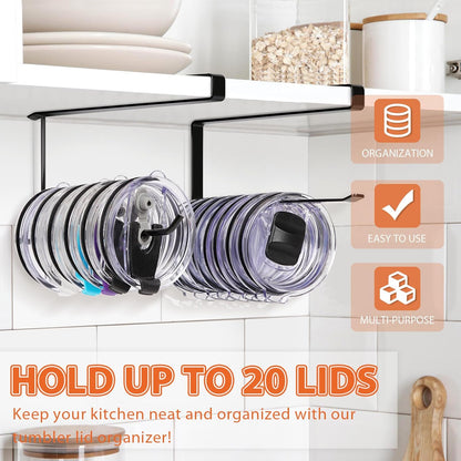 Tumbler Lid Organizer, Horizontal Tumbler Lid Storage Hook Up to 10 Lids, Space Saving Cup Lid Holders Under Cabinet Tumbler Lid Hook for Kitchen Organizer and Storage,Hanging Paper Towel Rack Hanger
