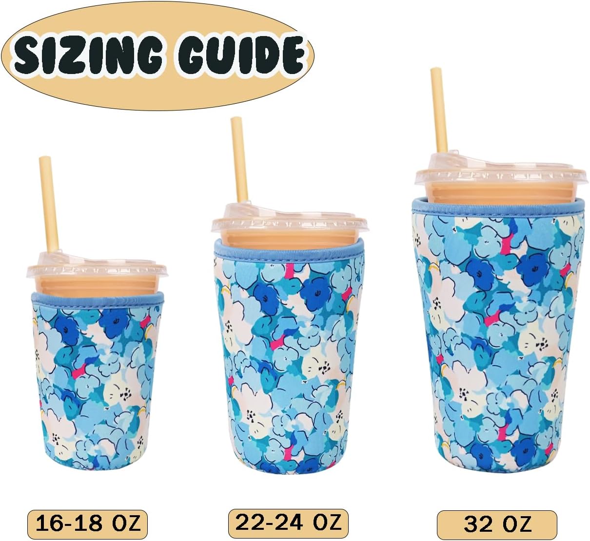 Reusable Insulated Neoprene Iced Coffee Cup Sleeve, Durable Drink Sleeve for Cold Beverages, Beverage Holder for Iced Coffee, Floral Checkers