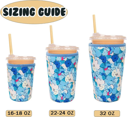 Reusable Insulated Neoprene Iced Coffee Cup Sleeve, Durable Drink Sleeve for Cold Beverages, Beverage Holder for Iced Coffee, Floral Checkers