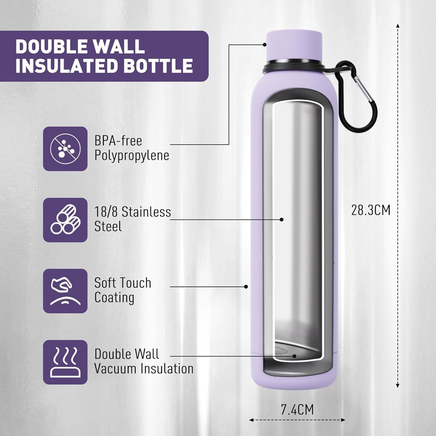 Exllena Slim Insulated Water Bottles for Travel 18oz with Clip, Double Wall Vacuum Stainless Steel Water Bottle Keeps Drinks Cold 24 Hrs/Hot 12 Hrs, 100% Leakproof, BPA Free(Black)