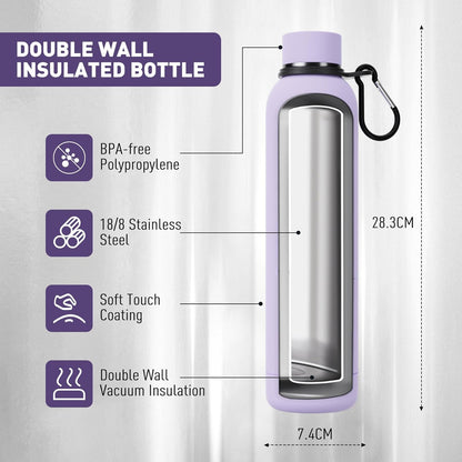 Exllena Slim Insulated Water Bottles for Travel 18oz with Clip, Double Wall Vacuum Stainless Steel Water Bottle Keeps Drinks Cold 24 Hrs/Hot 12 Hrs, 100% Leakproof, BPA Free(Black)