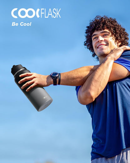Half Gallon Water Bottle Insulated with Straw & 3 Lids, Coolflask 64 oz Water Jug Large Metal Stainless Steel Wide Mouth for Sports, Gym or Office, Non-BPA Keep Cold 48H Hot 24H, Samurai Cyan