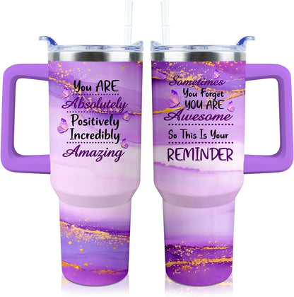 40 oz Tumbler with Handle and Straw Lid Leak Proof | You're Awesome Inspirational Mother's Day Birthday Gifts for Women Men Coworker Friends | Stainless Steel Cup Dishwasher Safe