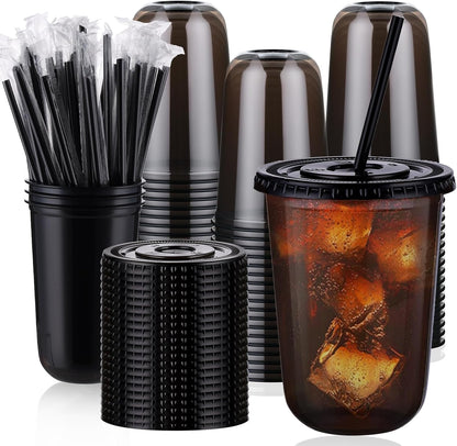 tchrules 100 Set 16oz Plastic Cups with Lids and Straws, Disposable Clear Iced Coffee Cup with Lid, Round Bottom Plastic To Go Cups for Cold Drinks Slushie Smoothie Lemonade Matcha Party Shop Supplies