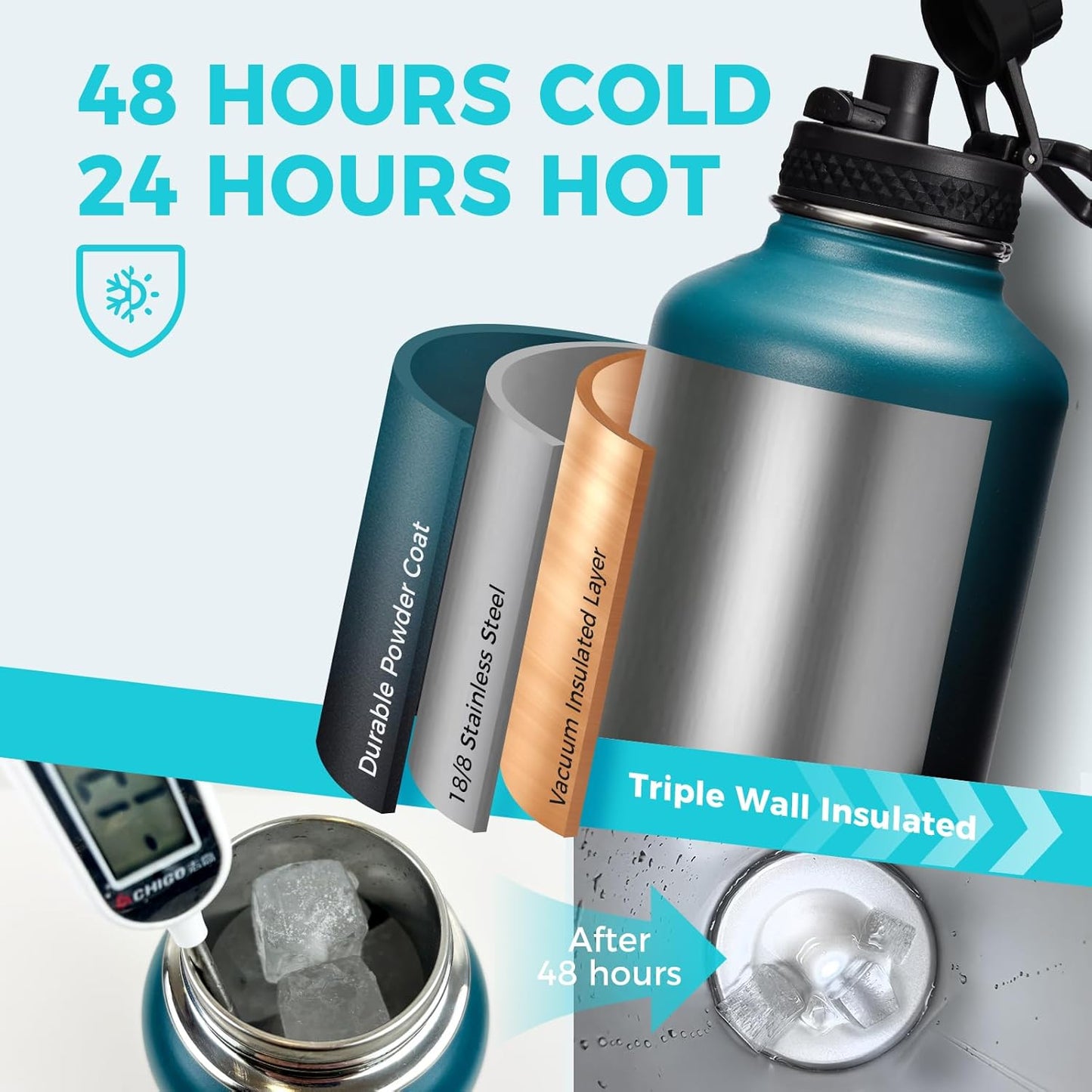 32/40/64OZ Insulated Water Bottle - Keep Cold 48H Hot 24H, Combo Straw/Spout Lids, Paracord Handle for Gym/Hiking, Carrier Bag +Strap, Cup Mat, BPA-Free Stainless Steel Flask Jug