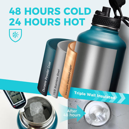 32/40/64OZ Insulated Water Bottle - Keep Cold 48H Hot 24H, Combo Straw/Spout Lids, Paracord Handle for Gym/Hiking, Carrier Bag +Strap, Cup Mat, BPA-Free Stainless Steel Flask Jug