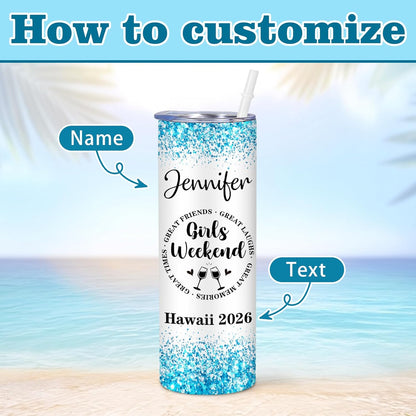 Girl Trip Gifts for Women, Personalized Girls Trip Tumblers with Name Text, Custom Beach Tumbler, Road Trips Vacation Cruise Cup with Lid and Straw, Bachelorette Party Girl Weekend Gift For Friend