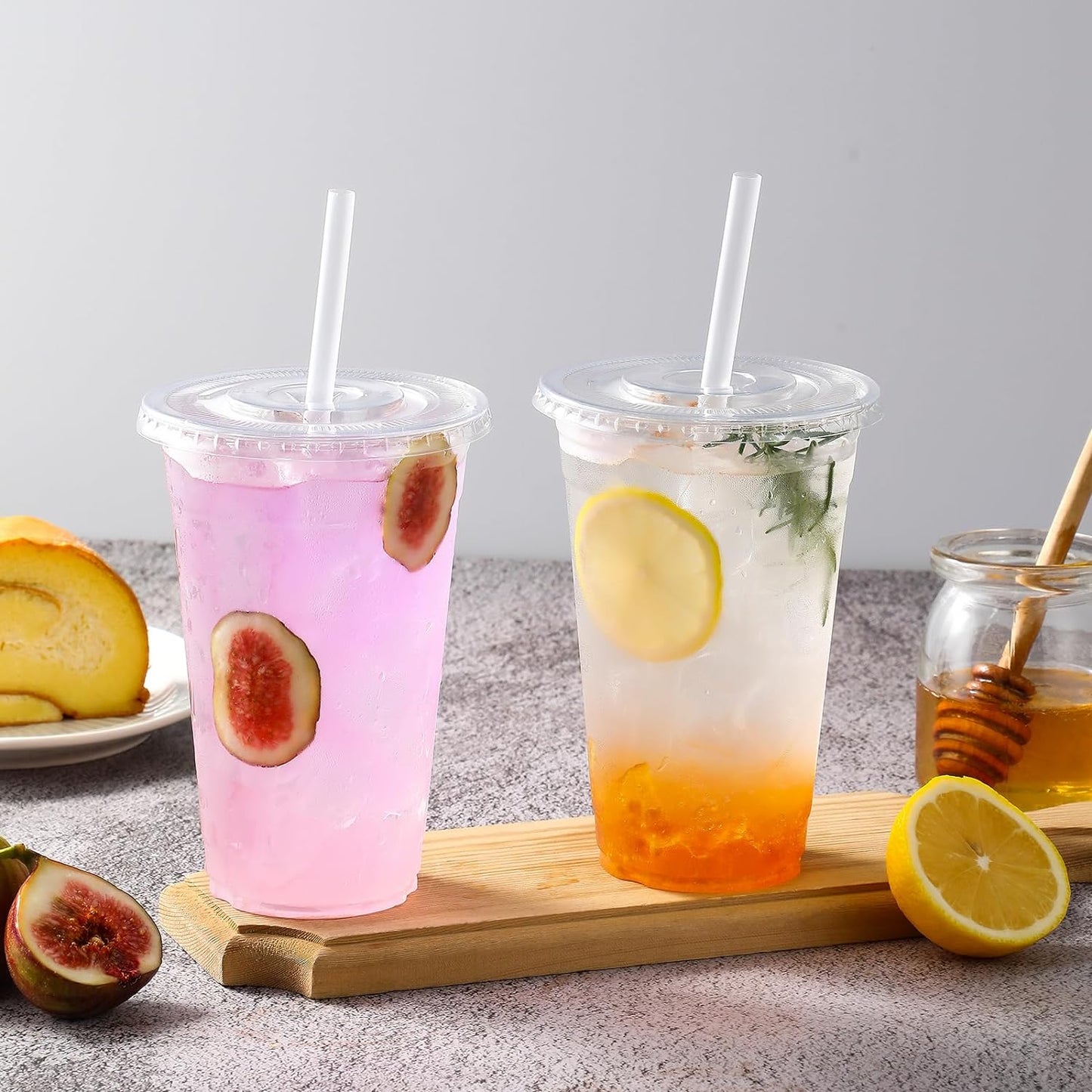 AOZITA [100 Sets] 16 oz Clear Plastic Cups With Lids and Straws, Disposable Cups With Lids for Iced Coffee, Smoothie, Milkshake and Cold Drinks (New-16-100)