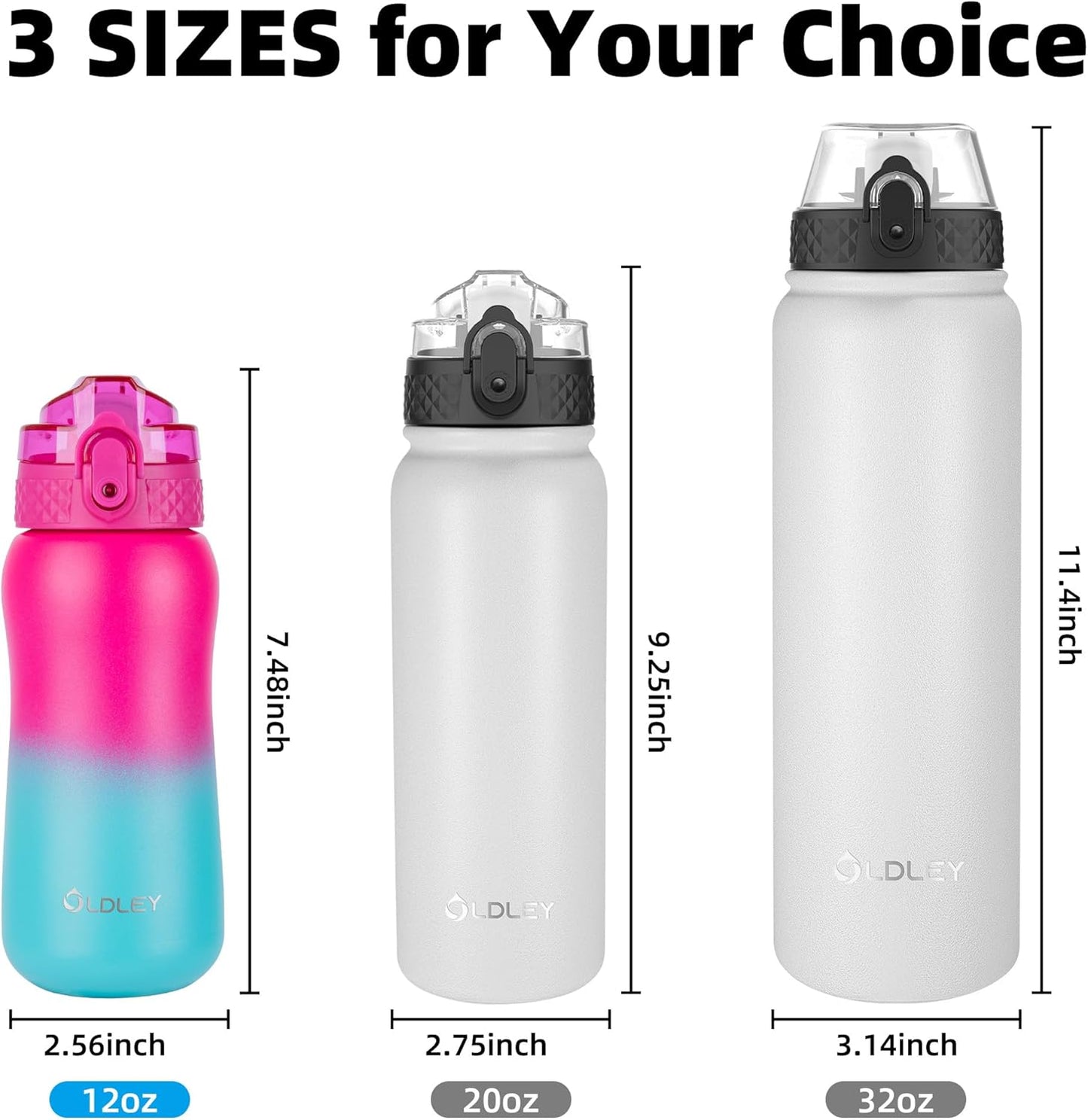 Oldley Insulated Water Bottle 20oz for Adults Kids Stainless Steel Water Bottles with Straw/Chug/Carabiner 3 Lids Fruit Strainer Double Wall Vacuum Wide Mouth BPA Free Leak-Proof for School Travel