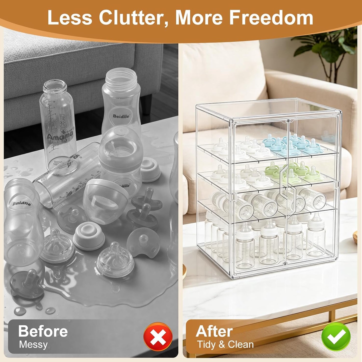 ERTIUANIO Baby Bottle Organizer – 3 Tier Bottle Storage Organizer Baby for Nipples, Pump Parts, Food Jars – Clear Acrylic Bottle Station Organizer for Countertop and Kitchen, Gifts for New Mom
