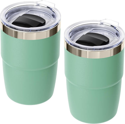 8 oz Small Coffee Cup with Magnetic Lid, Ceramic-Lined 18/8 Stainless Steel, Double-Wall Vacuum Insulated, Stackable, Dishwasher Safe, Mini Tumbler for On-the-Go, 2 Pack, Black