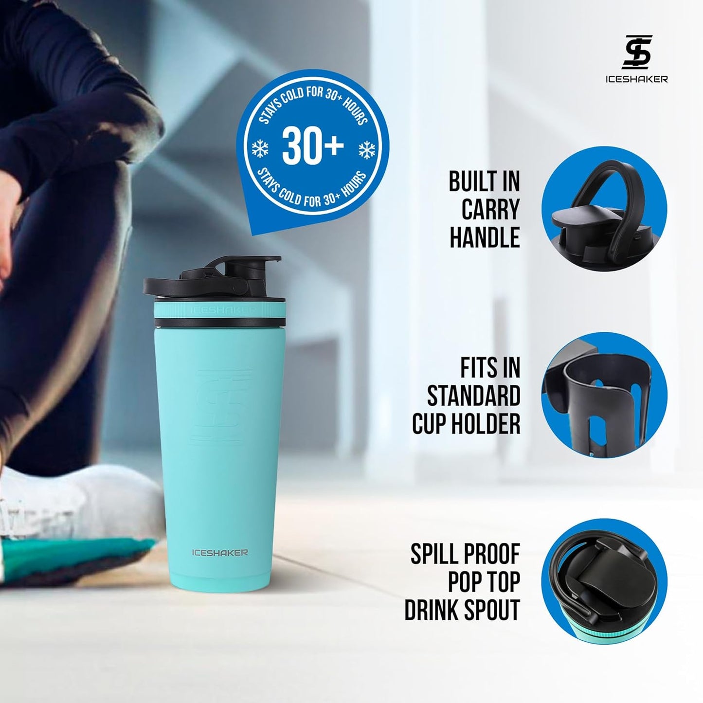 Ice Shaker Insulated Stainless Steel Shaker Bottle | 26oz, Black | Cold for 30+ Hours | Insulated Cup with Twist-on Agitator | Odor-Free Bottle for Protein Shakes, Water, Smoothies, Cocktails