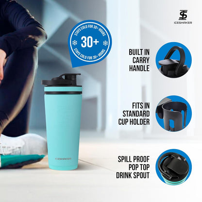 Ice Shaker Insulated Stainless Steel Shaker Bottle | 26oz, Black | Cold for 30+ Hours | Insulated Cup with Twist-on Agitator | Odor-Free Bottle for Protein Shakes, Water, Smoothies, Cocktails
