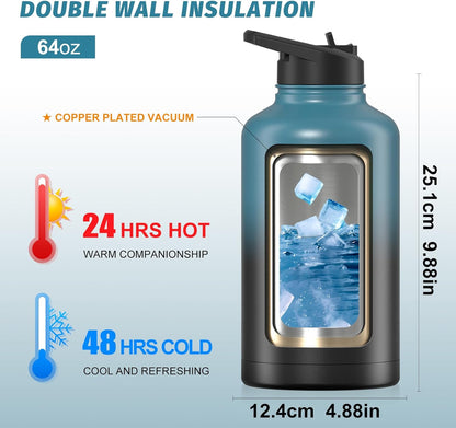 40oz Insulated Water Bottle (Cold for 48 Hrs),BPA Free&Leak Proof,Stainless Steel Water Flask,Water Jug with Straw Spout Lids for Gym,Hiking,Travel,Black Blue