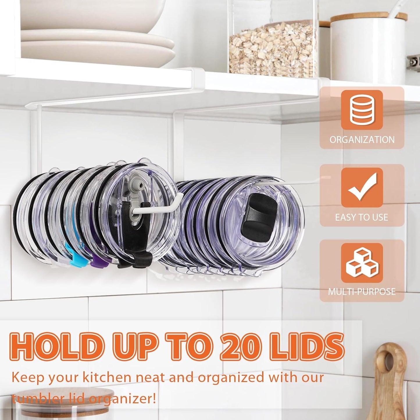 Tumbler Lid Organizer, Horizontal Tumbler Lid Storage Hook Up to 10 Lids, Space Saving Cup Lid Holders Under Cabinet Tumbler Lid Hook for Kitchen Organizer and Storage,Hanging Paper Towel Rack Hanger