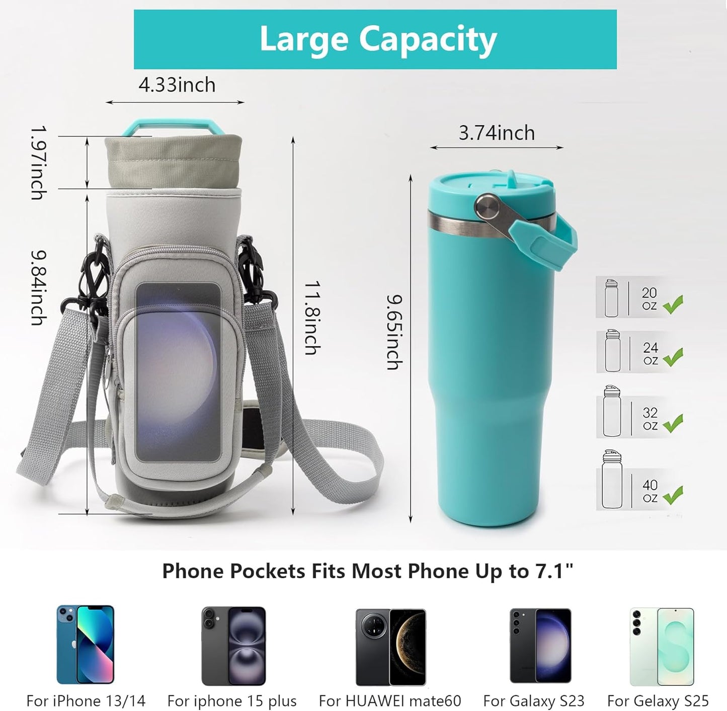 Water Bottle Carrier Bag,Water Bottle Holder with Straps Phone Pockets Fits Stanley Owala 16/24/32/40oz