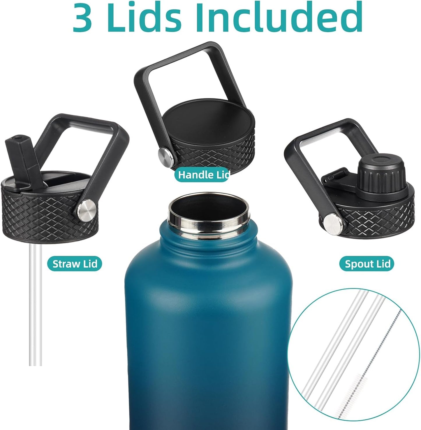 Konokyo 22oz Stainless Steel Bottles with 3 Lids Sport Insulated Water Bottle,Mint