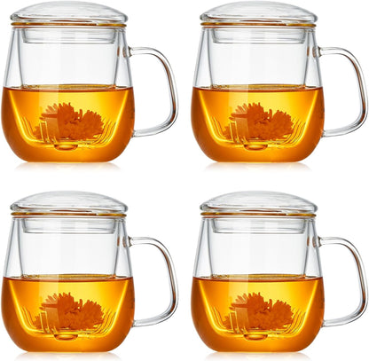 DOPUDO Glass Tea Cup with Infuser and Lid, 17.6oz/520ml Large Borosilicate Teacup,Tea Glass, Clear Mug for Loose Leaf Tea, Blooming Tea, Microwave & Dishwasher Safe - Tea Maker Gift for Birthday.