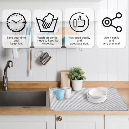 2 Pack Microfiber Dish Drying Mat,24*17 inch Absorbent Dish Drainer Kitchen Counter,Large Size Dish Drying Pad for Countertops,Sinks,Draining Racks(Gray)