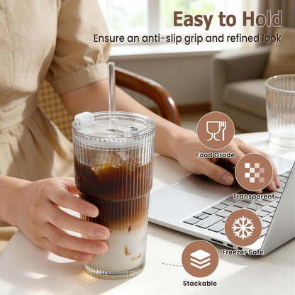 TUZAZO 20 Oz Ribbed Glass Tumblers with Lids and Straws - 4 Pack Reusable Glass Coffee Cups with Straws and Lids, Thicken Glass, Ideal for To Go Iced Coffee