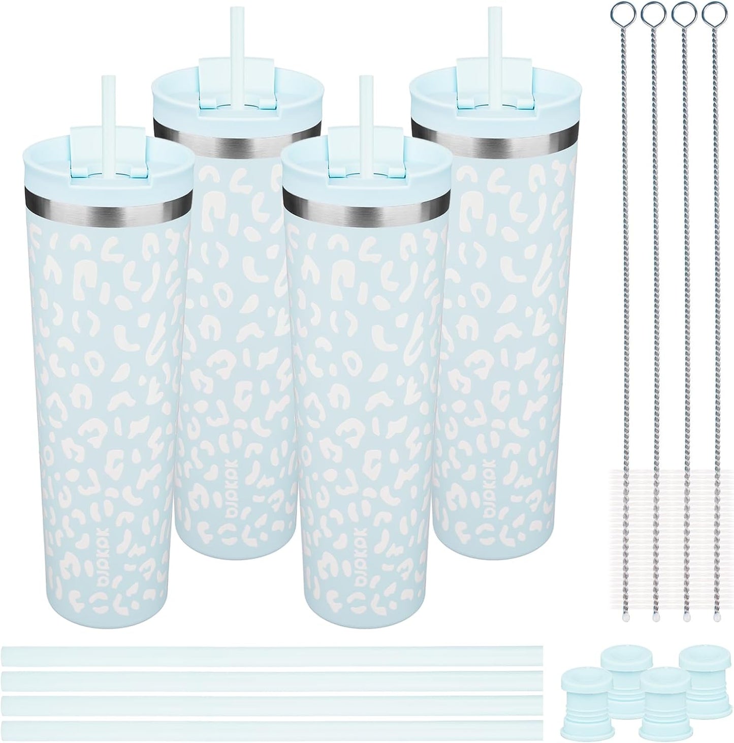 BJPKPK 4 Pack Tumbler with Lid and Straw,30oz Insulated Tumblers Bulk Reusable Travel Coffee Mug, Dishwasher Safe Double Wall Vacuum Insulated Cup Gift for Men Women,Light Blue Leopard
